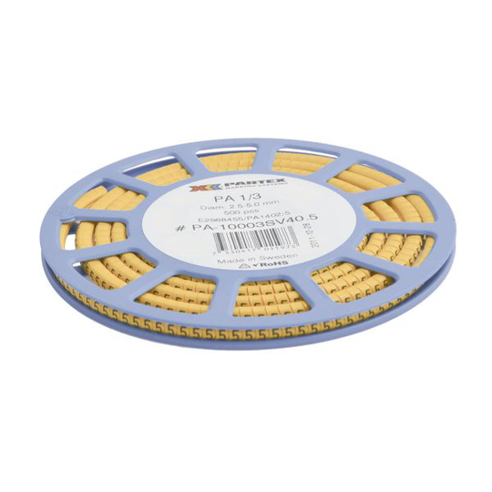 Partex PA2/4 Merkkiholkki numerot, keltainen, 250 kpl/rulla Teksti: 1
