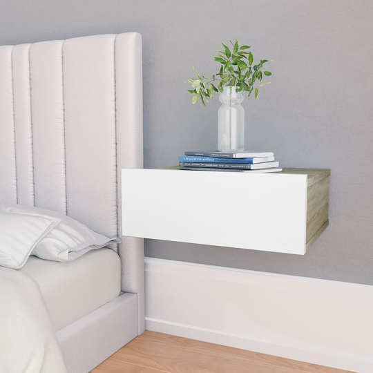 vidaXL Kelluvat yöpöydät 2 kpl valk./Sonoma-tammi 40x30x15cm lastulevy