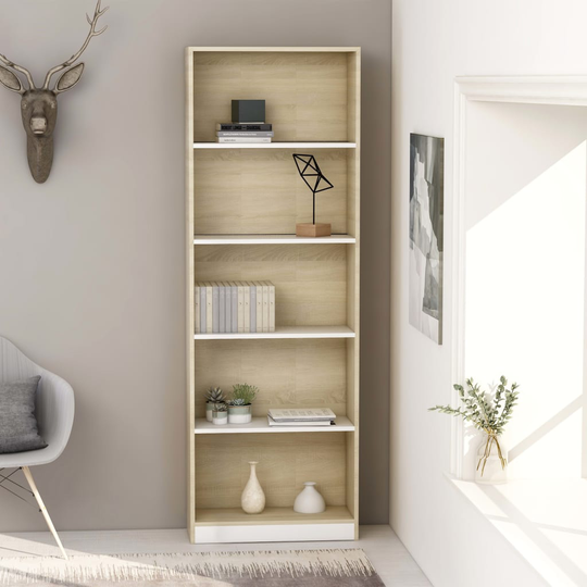 vidaXL 5-tasoinen kirjahylly valk./Sonoma-tammi 60x24x175 cm lastulevy