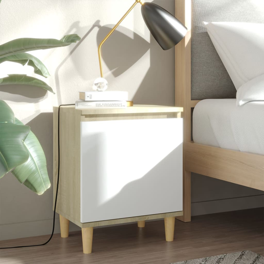 vidaXL Yöpöydät täyspuiset jalat 2 kpl Sonoma-tammi/valk. 40x30x50 cm
