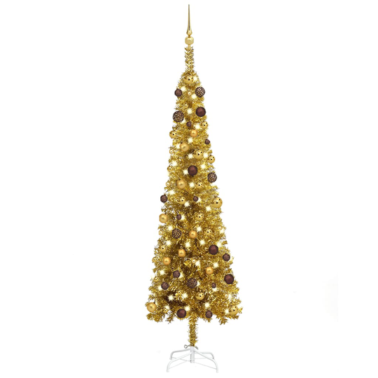vidaXL Ohut joulukuusi LED-valoilla ja palloilla kulta 210 cm