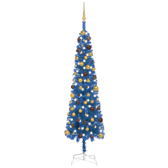 vidaXL Ohut joulukuusi LED-valoilla ja palloilla sininen 210 cm