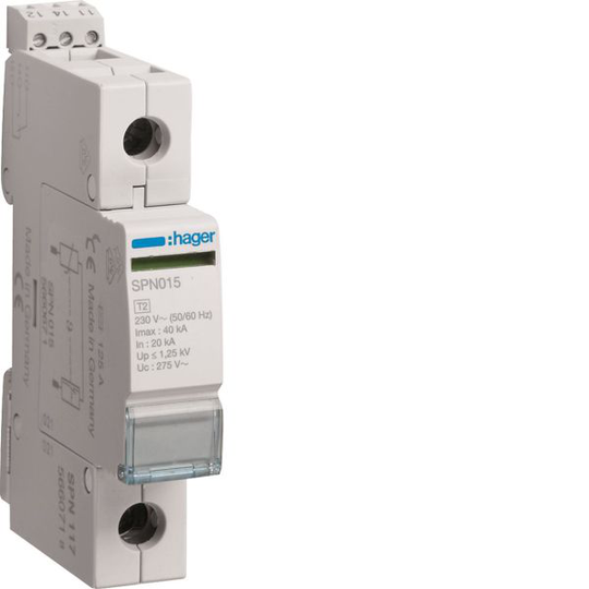 Hager SPN117 Ylijännitesuoja rajoittaa jäännösjännitteen arvoon =1,5 kV Etäyhteydellä, 400 V