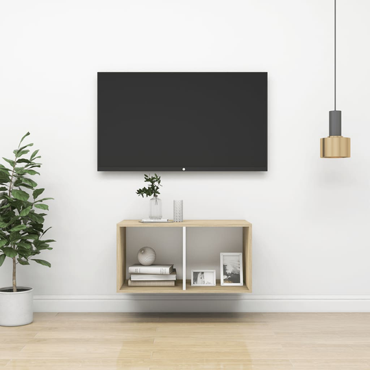 vidaXL Seinäkiinnitettävä TV-taso tammi ja valk. 37x37x72 cm lastulevy