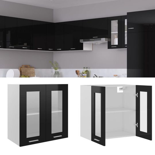 vidaXL Seinäkaappi lasilla korkeakiilto musta 60x31x60 cm lastulevy