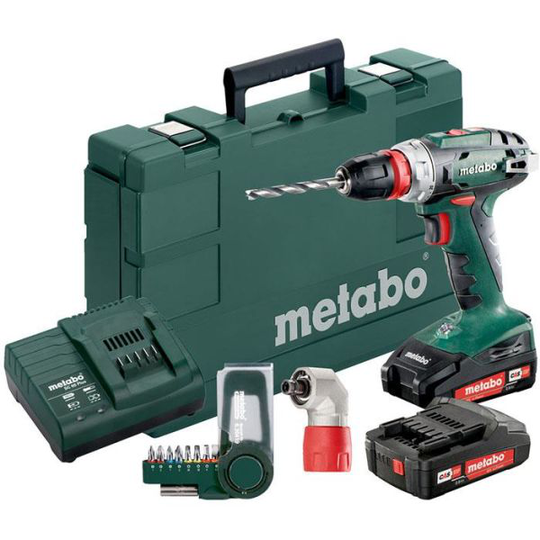 Metabo BS 18 QUICK SET Porakone-ruuvinväännin mukana kärjet, akku ja laturi