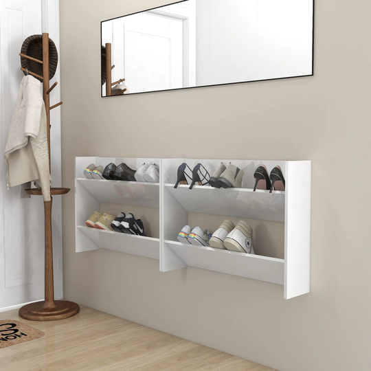 vidaXL Seinäkenkäkaapit 2 kpl korkeakiilto valk. 80x18x60 cm lastulevy