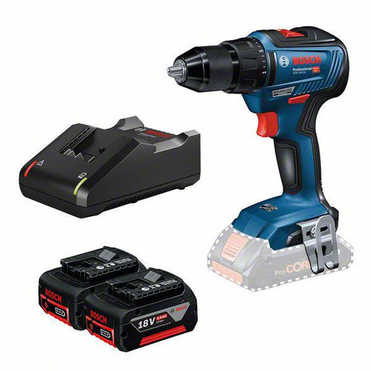 Bosch GSR 18V-55 Porakone-ruuvinväännin 2 x 5,0 Ah:n akku ja laturi