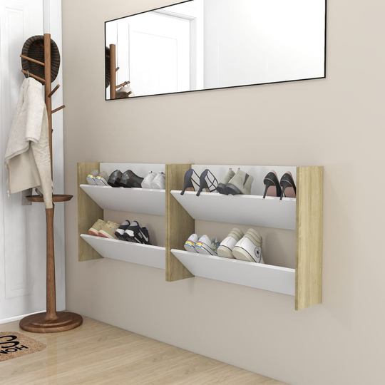 vidaXL Seinäkenkäkaapit 2 kpl valk./Sonoma-tammi 80x18x60 cm lastulevy