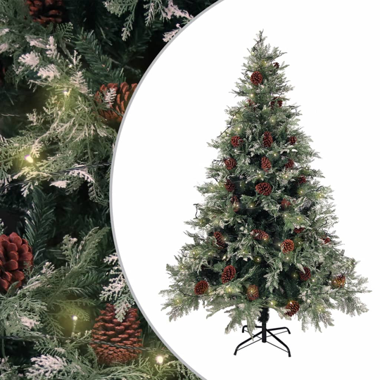 vidaXL Tekojoulukuusi LED ja kävyt vihreä/valkoinen 150 cm PVC ja PE
