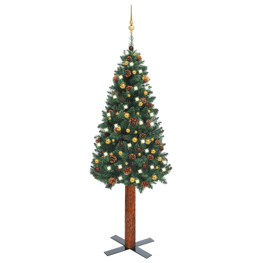 vidaXL Ohut joulukuusi LED-valoilla ja palloilla vihreä 210 cm
