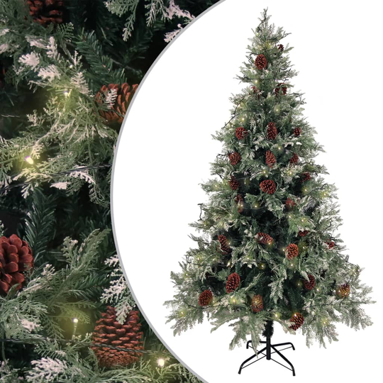 vidaXL Tekojoulukuusi LED ja kävyt vihreä/valkoinen 195 cm PVC ja PE