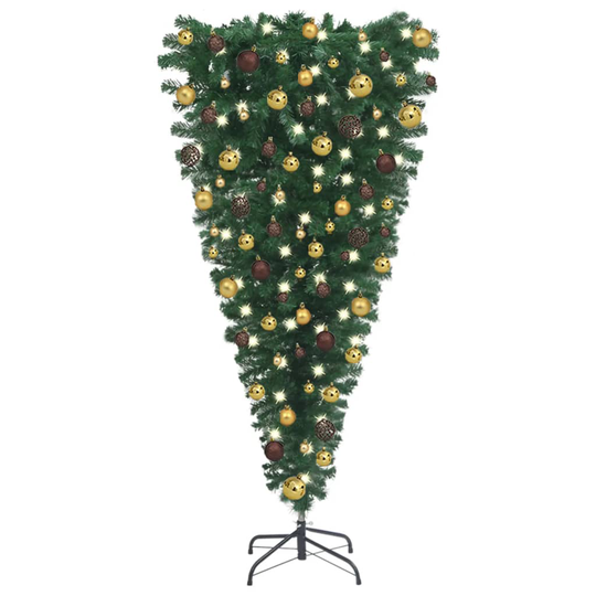 vidaXL Tekokuusi ylösalainen LED-valoilla ja palloilla 180 cm