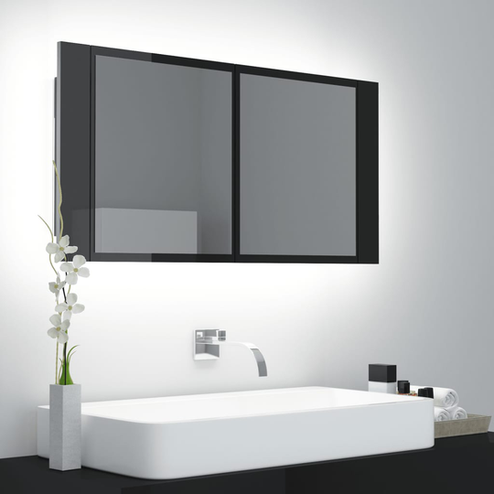 vidaXL Kylpyhuoneen LED peilikaappi korkeakiilto musta 90x12x45 cm