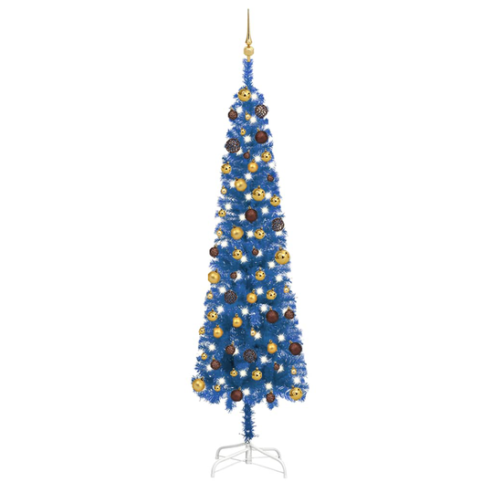 vidaXL Ohut joulukuusi LED-valoilla ja palloilla sininen 240 cm