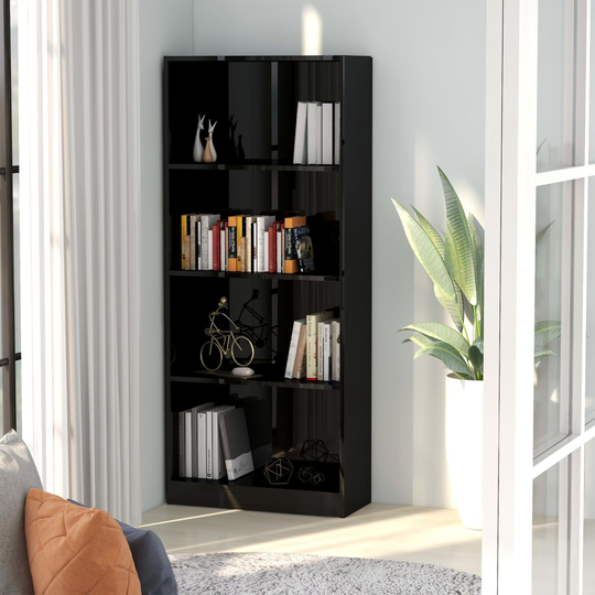 vidaXL 4-tasoinen kirjahylly korkeakiilto musta 60x24x142 cm lastulevy