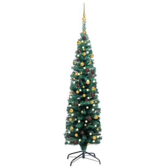 vidaXL Ohut tekojoulukuusi LED-valoilla ja palloilla vihreä 150 cm