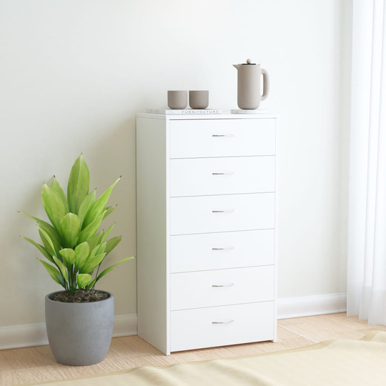 vidaXL Lipasto 6 vetolaatikolla valkoinen 50x34x96 cm lastulevy