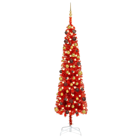 vidaXL Ohut joulukuusi LED-valoilla ja palloilla punainen 240 cm