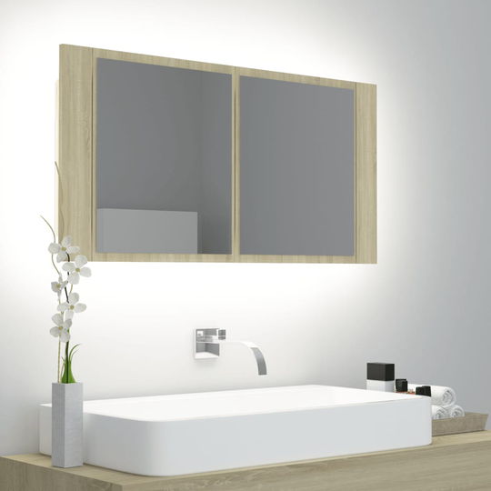 vidaXL Kylpyhuoneen LED peilikaappi Sonoma tammi 90x12x45 cm