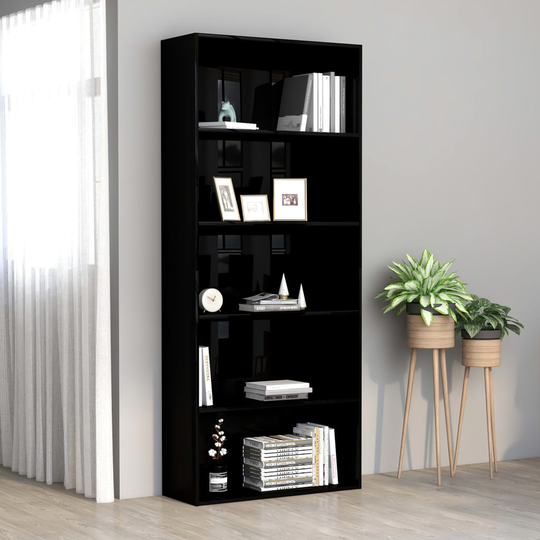 vidaXL 5-tasoinen kirjahylly korkeakiilto musta 80x30x189 cm lastulevy