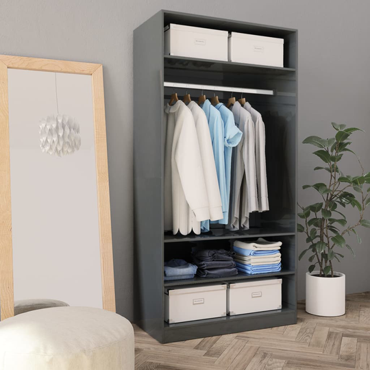 vidaXL Vaatekaappi korkeakiilto harmaa 100x50x200 cm lastulevy