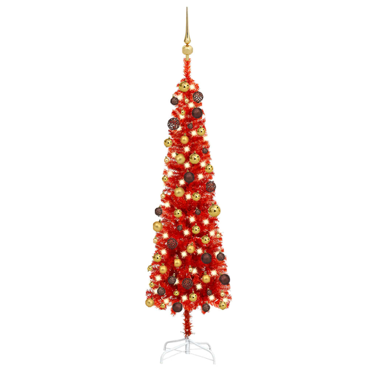 vidaXL Ohut joulukuusi LED-valoilla ja palloilla punainen 120 cm