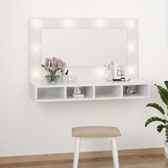 vidaXL Peilikaappi LED-valoilla korkeakiilto valkoinen 90x31,5x62 cm