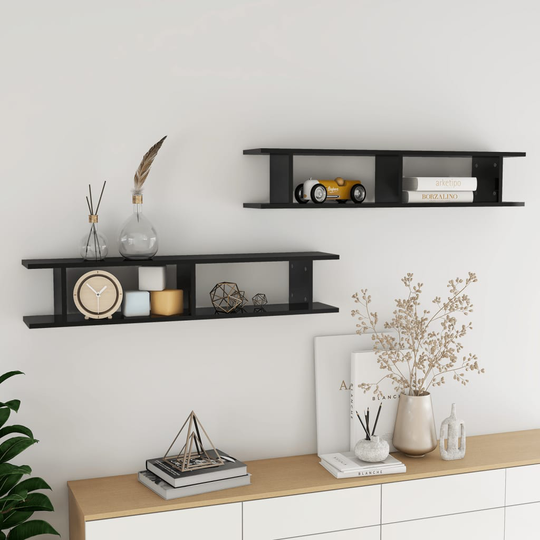 vidaXL Seinähyllyt 2 kpl korkeakiilto musta 105x18x20 cm lastulevy
