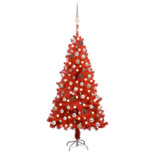 vidaXL Tekojoulukuusi LED-valoilla ja palloilla punainen 120 cm PVC