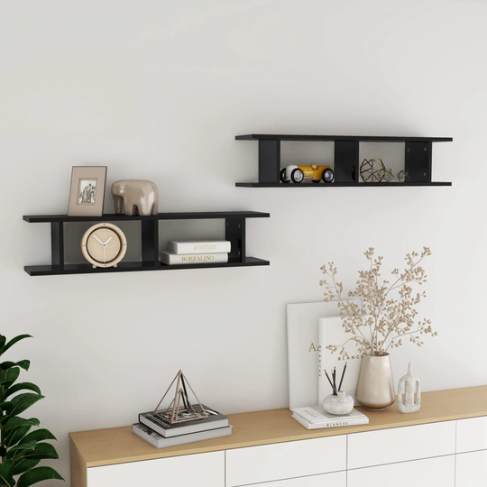 vidaXL Seinähyllyt 2 kpl korkeakiilto musta 90x18x20 cm lastulevy