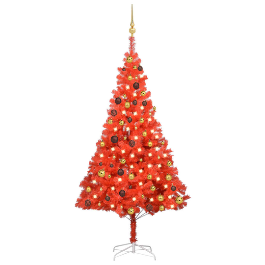 vidaXL Tekojoulukuusen puolikas LED-valo ja pallot punainen 180 cm PVC