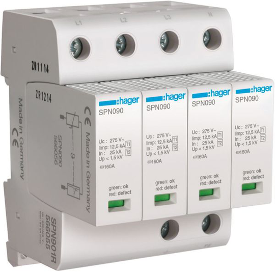 Hager SPN901R Ylijännitesuoja karkea suojaus, maks. 1,5 kV 4 moduulin väli, 4-napainen