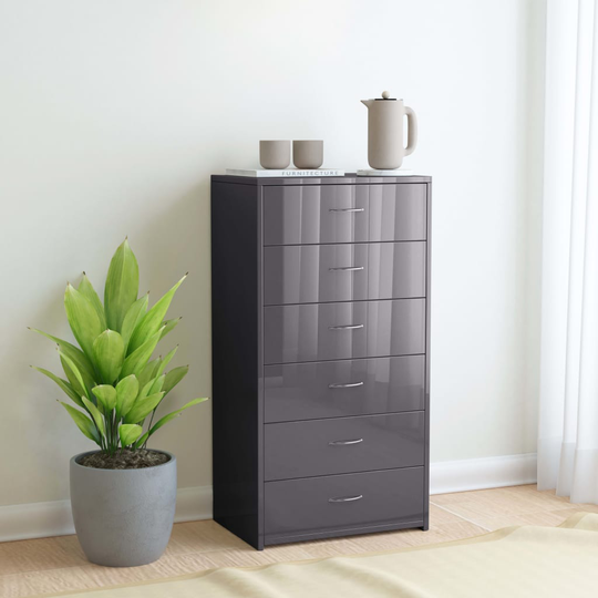 vidaXL Lipasto 6 laatikkoa korkeakiilto harmaa 50x34x96 cm lastulevy