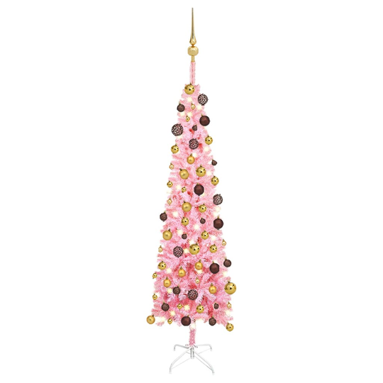 vidaXL Ohut joulukuusi LED-valoilla ja palloilla pinkki 150 cm