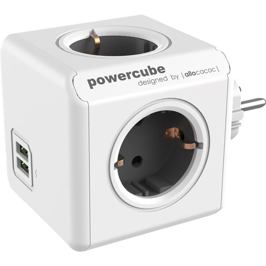 allocacoc PowerCube Haaroitusjatkojohto laajennusosa, maadoitettu, 4-osainen+ 2 USB