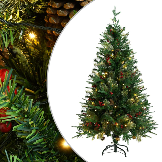 vidaXL Tekojoulukuusi LED-valoilla ja kävyillä vihreä 150 cm PVC ja PE