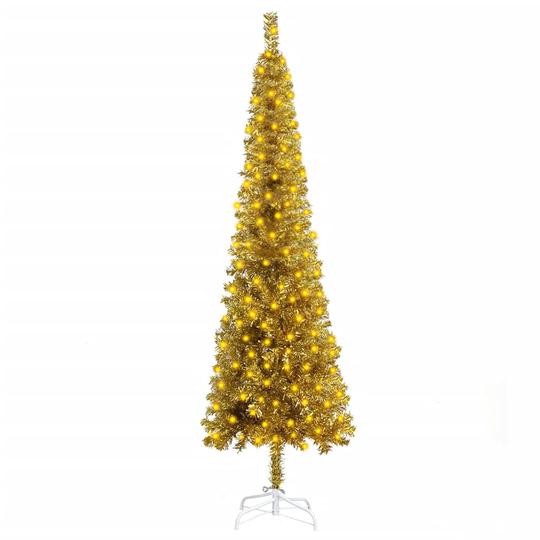 vidaXL Ohut joulukuusi LED-valoilla kulta 150 cm
