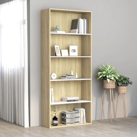 vidaXL 5-tasoinen kirjahylly valk./Sonoma-tammi 80x30x189 cm lastulevy