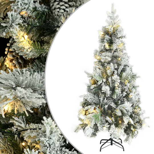 vidaXL Tekojoulukuusi lumihuurre/LED-valot/kävyt 225 cm PVC ja PE