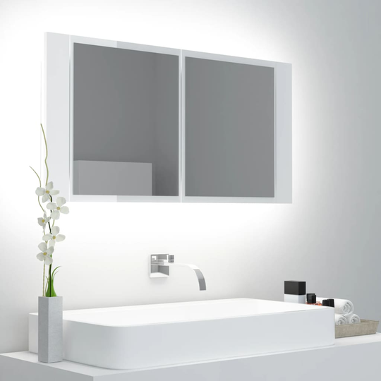 vidaXL Kylpyhuoneen LED peilikaappi korkeakiilto valkoinen 90x12x45 cm