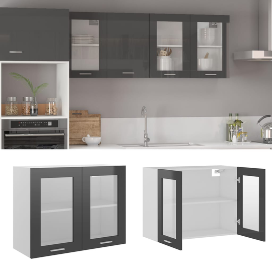 vidaXL Seinäkaappi lasilla korkeakiilto harmaa 80x31x60 cm lastulevy