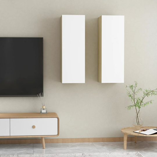 vidaXL TV-tasot 2 kpl valkoinen ja Sonoma-tammi 30,5x30x90cm lastulevy