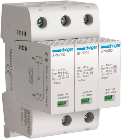Hager SPN900R Ylijännitesuoja karkea suojaus, maks. 1,5 kV 3 moduulin väli, 3-napainen