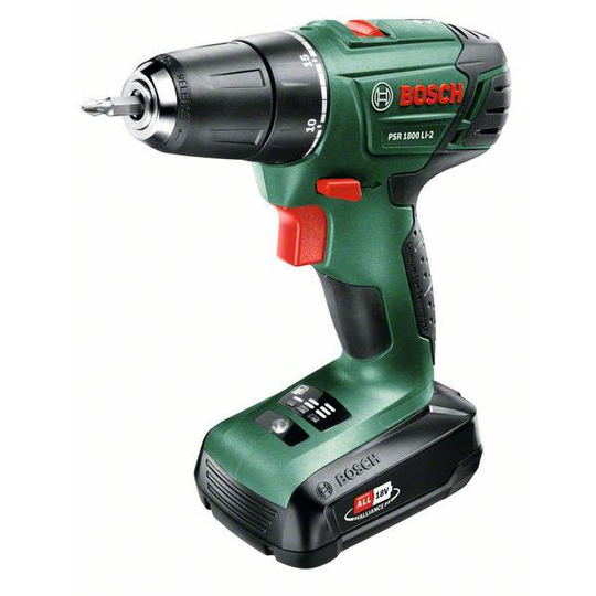 Bosch DIY PSR 1800 LI-2 Porakone-ruuvinväännin 2 x 1,5 Ah:n akku ja laturi