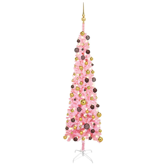 vidaXL Ohut joulukuusi LED-valoilla ja palloilla pinkki 180 cm