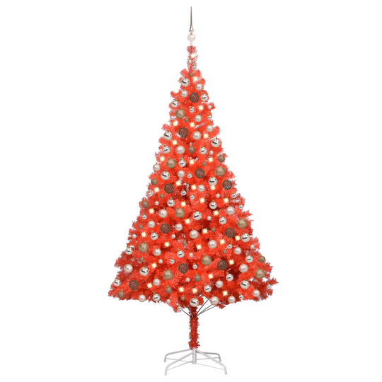 vidaXL Tekojoulukuusi LED-valoilla ja palloilla punainen 240 cm PVC