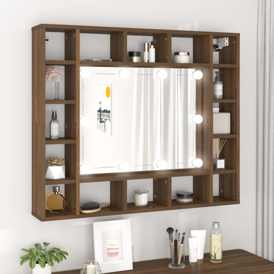 vidaXL Peilikaappi LED-valoilla ruskea tammi 91x15x76,5 cm