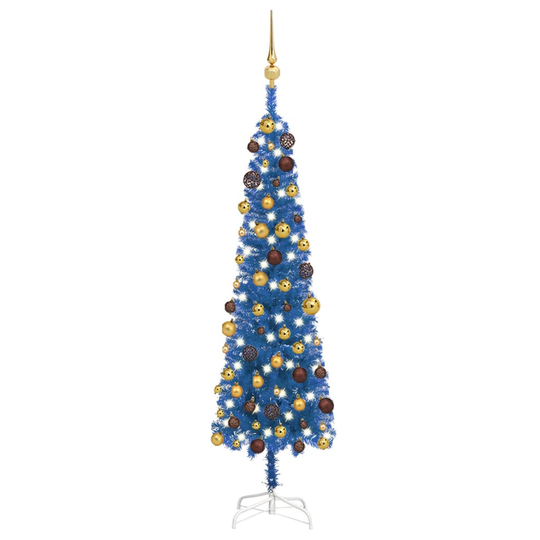 vidaXL Ohut joulukuusi LED-valoilla ja palloilla sininen 120 cm