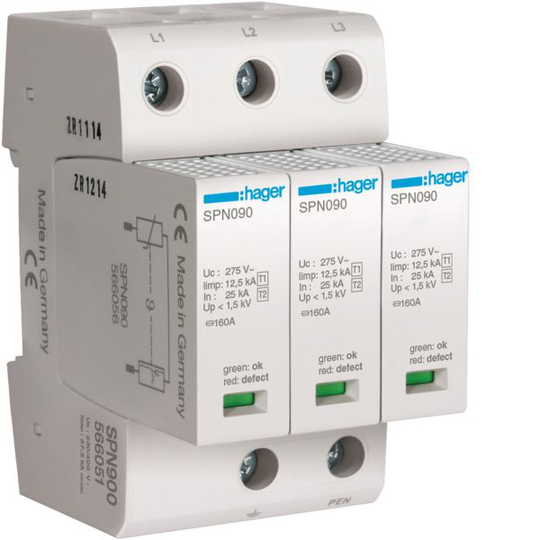 Hager SPN900 Ylijännitesuoja karkea suojaus, maks. 1,5 kV 3 moduulin väli, 3-napainen